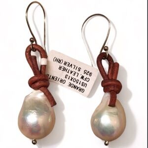 Barque Pearl Genuine Leather Hook Earrings Handcrafted Artisan High Quality NWT